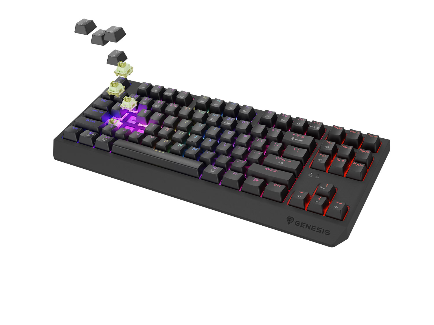 Obrázek GENESIS herní klávesnice THOR 230/TKL/RGB/Outemu Silent Lemon/Bezdrátová USB + Bluetooth/US layout/Č