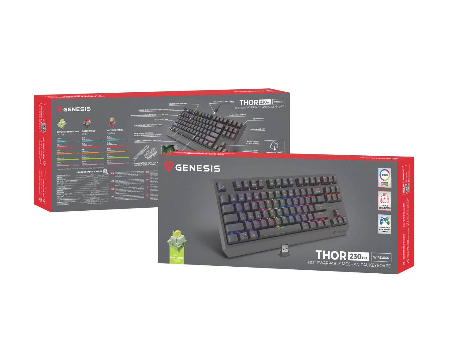 GENESIS herní klávesnice THOR 230/TKL/RGB/Outemu Silent Lemon/Bezdrátová USB + Bluetooth/US layout/Č
