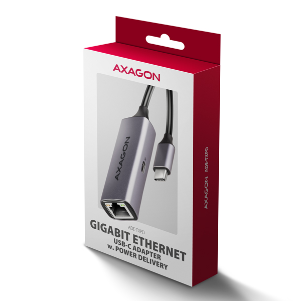 Obrázek AXAGON ADE-TXPD, USB-C 3.2 Gen 1 - Gigabit Ethernet síťová karta, Asix AX88179, PD 100W, auto instal