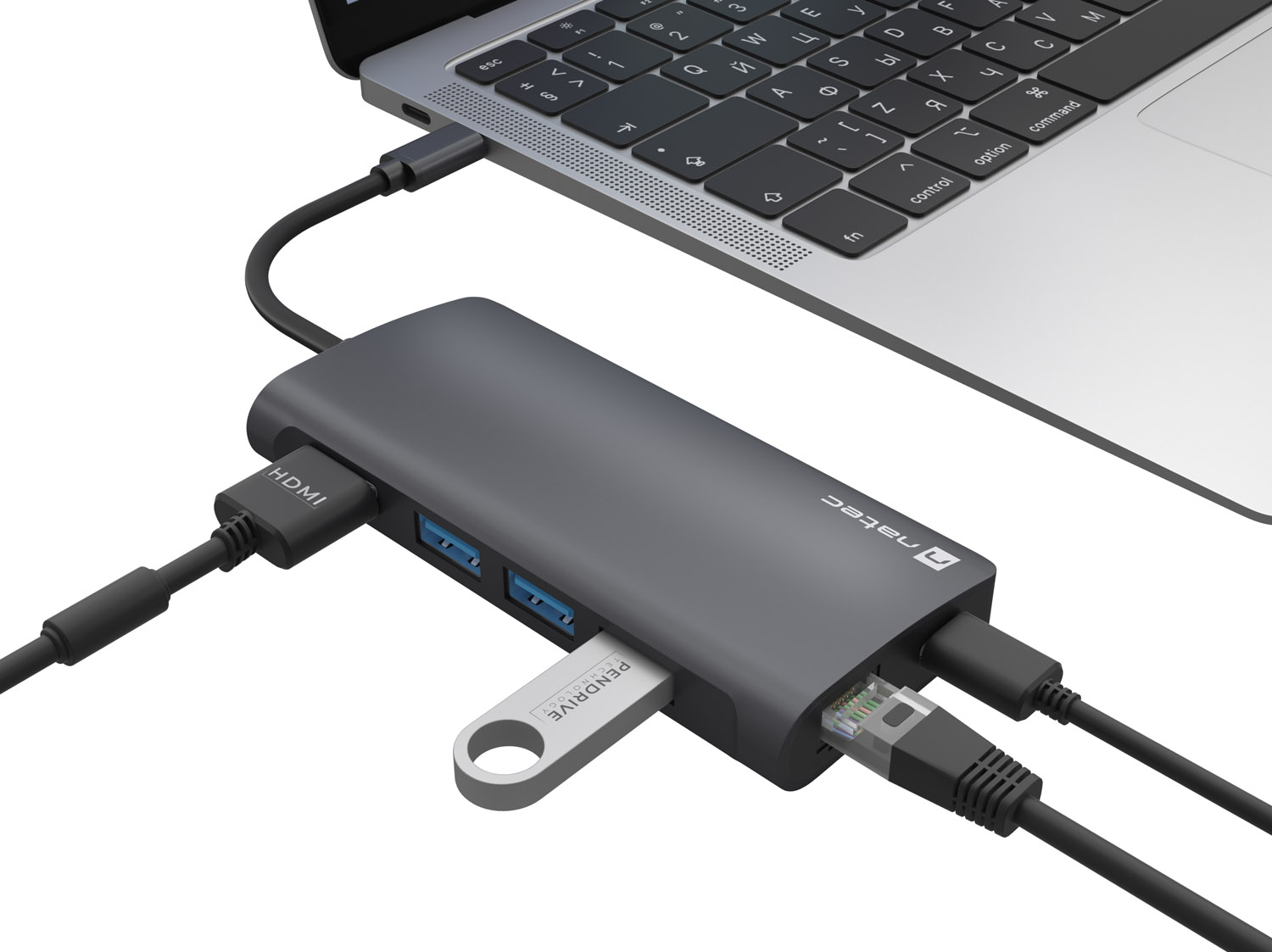 Obrázek Natec multiport adaptér FOWLER 2 3X USB 3.0 HUB, HDMI 4K, USB-C, RJ45, SD, MICRO SD