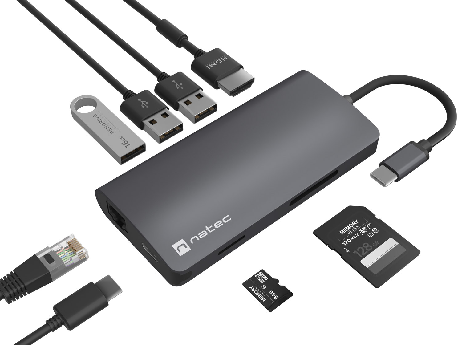 Obrázek Natec multiport adaptér FOWLER 2 3X USB 3.0 HUB, HDMI 4K, USB-C, RJ45, SD, MICRO SD