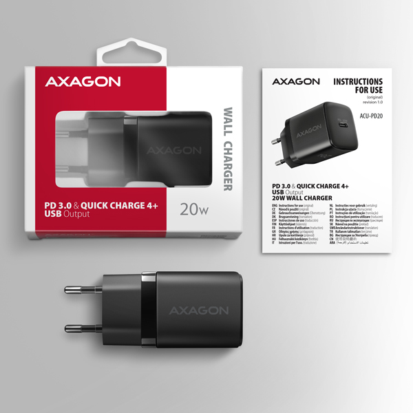 Obrázek AXAGON ACU-PD20, nabíječka do sítě 20W, 1x port USB-C, PD3.0/PPS/QC4+/AFC/Apple, černá