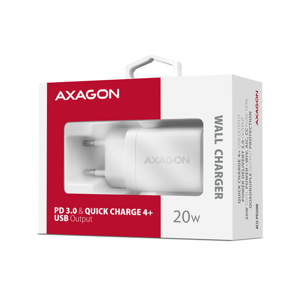 Obrázek AXAGON ACU-PD20W, nabíječka do sítě 20W, 1x port USB-C, PD3.0/PPS/QC4+/AFC/Apple, bílá