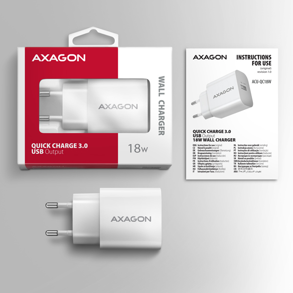 Obrázek AXAGON ACU-QC18W, nabíječka do sítě 18W, 1x port USB-A, QC3.0/AFC/Apple, bílá