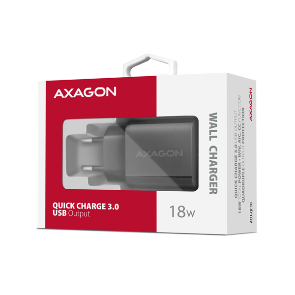 Obrázek AXAGON ACU-QC18, nabíječka do sítě 18W, 1x port USB-A, QC3.0/AFC/Apple, černá