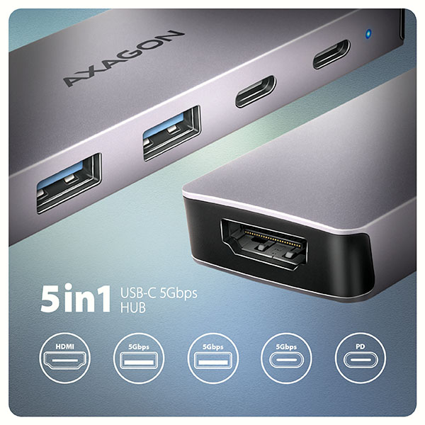 Obrázek AXAGON HMC-5H60, USB 5Gbps hub, porty 2x USB-A, 1x USB-C, HDMI 4k/60, PD 100W, kabel USB-C 15cm