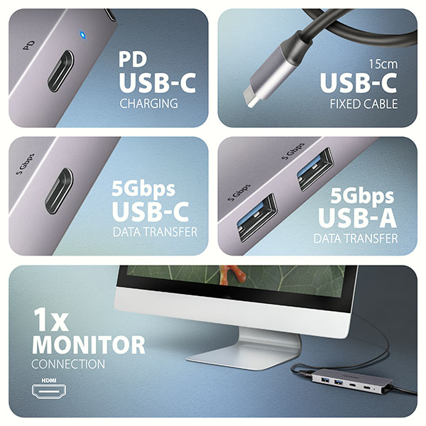 Obrázek AXAGON HMC-5H60, USB 5Gbps hub, porty 2x USB-A, 1x USB-C, HDMI 4k/60, PD 100W, kabel USB-C 15cm