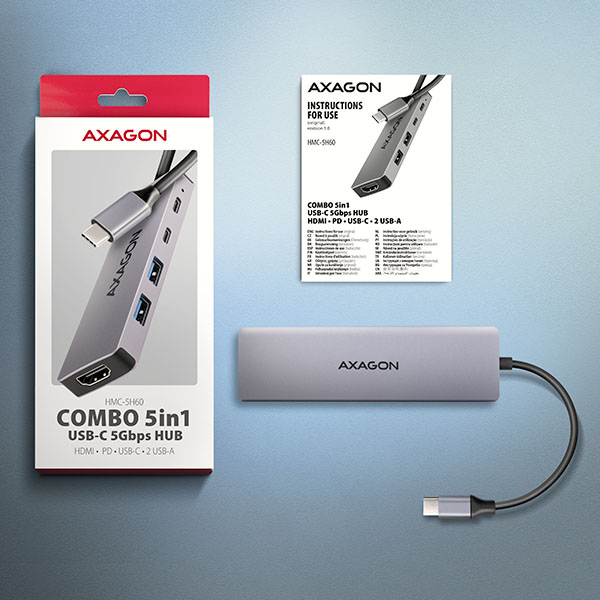 Obrázek AXAGON HMC-5H60, USB 5Gbps hub, porty 2x USB-A, 1x USB-C, HDMI 4k/60, PD 100W, kabel USB-C 15cm