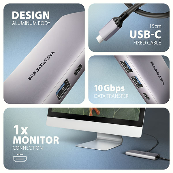 Obrázek AXAGON HMC-6G2L, USB 10Gb/s hub, 2x USB-A, 1x USB-C, HDMI 4k/60, RJ-45, PD 100W, kabel USB-C 15cm