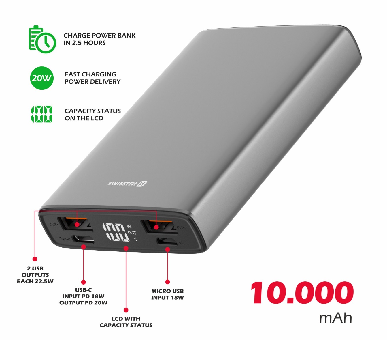 Obrázek SWISSTEN ALUMINUM POWER BANK 10000 mAh 20W GREY