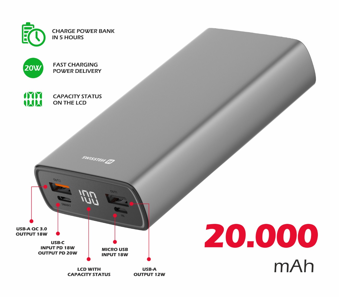 Obrázek SWISSTEN ALUMINUM POWER BANK 20000 mAh 20W GREY