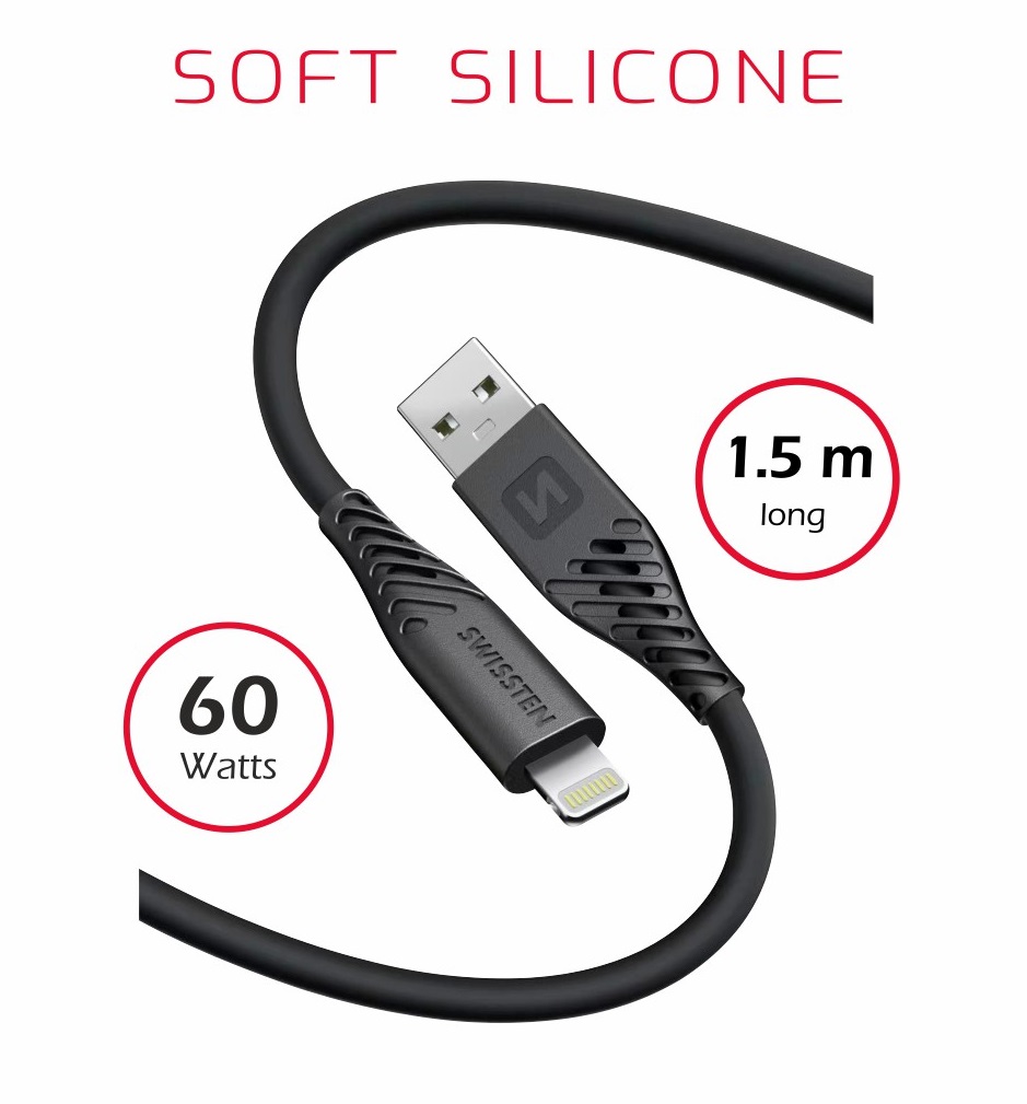 Obrázek DATOVÝ KABEL SWISSTEN SOFT SILICONE USB / LIGHTNING 1,5 M 60W ČERNÝ