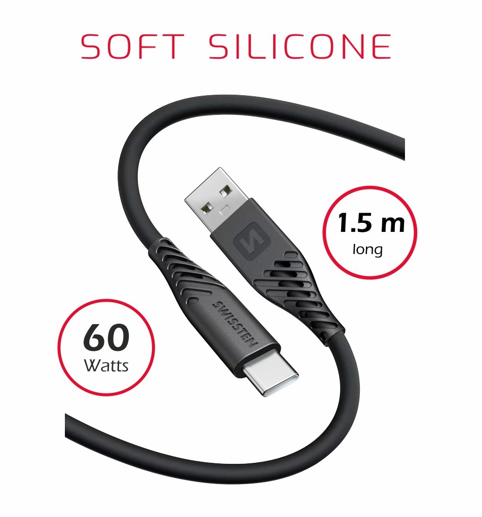 Obrázek DATOVÝ KABEL SWISSTEN SOFT SILICONE USB / USB-C 1,5 M 60W ČERNÝ