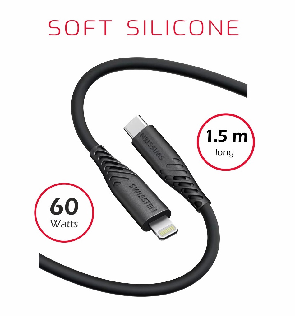 Obrázek DATOVÝ KABEL SWISSTEN SOFT SILICONE USB-C / LIGHTNING 1,5 M 60W ČERNÝ