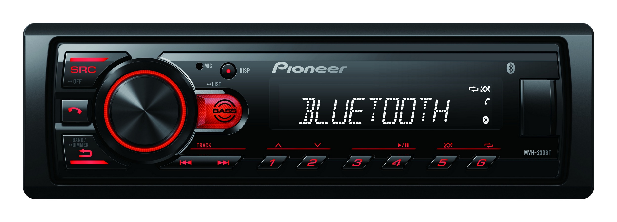 Obrázek Pioneer MVH-230 autorádio s USB a Bluetooth s integrovaným mikrofonem červené