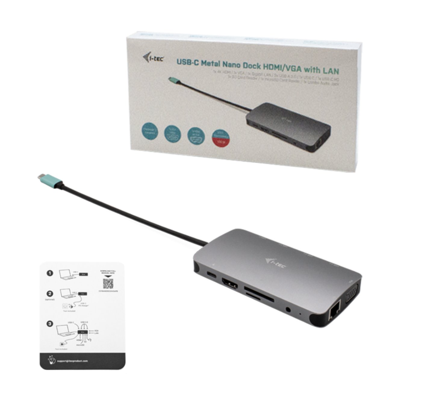 Obrázek i-tec USB-C Metal Nano Dock HDMI/VGA with LAN, Power Delivery 100 W + zdroj 100W