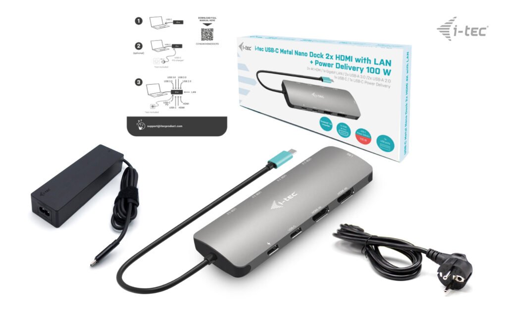 Obrázek i-tec USB-C Metal Nano 2x HDMI Docking Station, PD 100W + Charger 100W (bundle)