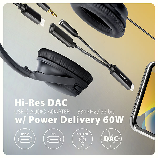 Obrázek AXAGON ADA-HCPD, USB-C na 3.5mm jack - Hi-Res DAC audio adaptér, 384kHz/32bit, stereo, PD 60W 3A