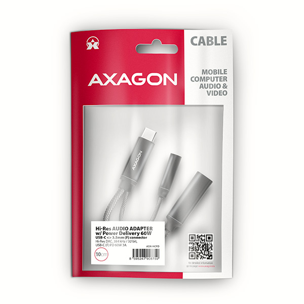 Obrázek AXAGON ADA-HCPD, USB-C na 3.5mm jack - Hi-Res DAC audio adaptér, 384kHz/32bit, stereo, PD 60W 3A