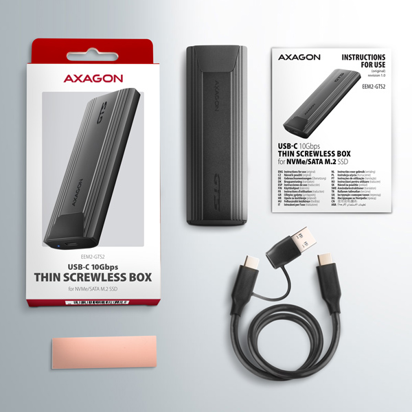 Obrázek AXAGON EEM2-GTS2, USB-C 10Gbps - M.2 NVMe & SATA SSD kovový THIN box, bezšroubkový