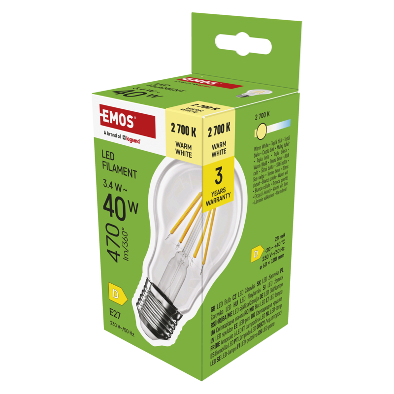 Obrázek EMOS LED FLM A60 3,4W(40W) 470lm E27 WW