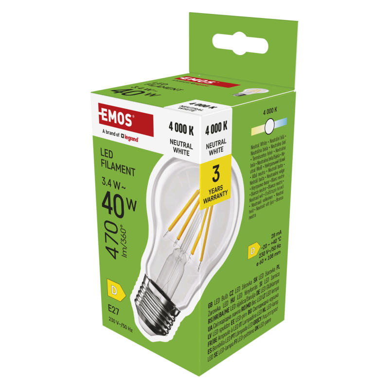 Obrázek EMOS LED FLM A60 3,4W(40W) 470lm E27 NW