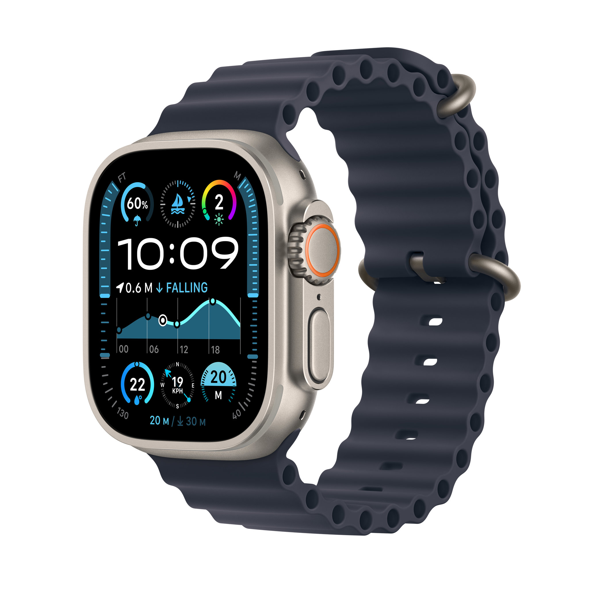 Obrázek Apple Watch Ultra 2 GPS + Cellular 49mm Přírodní titan s modrým oceánským řemínkem