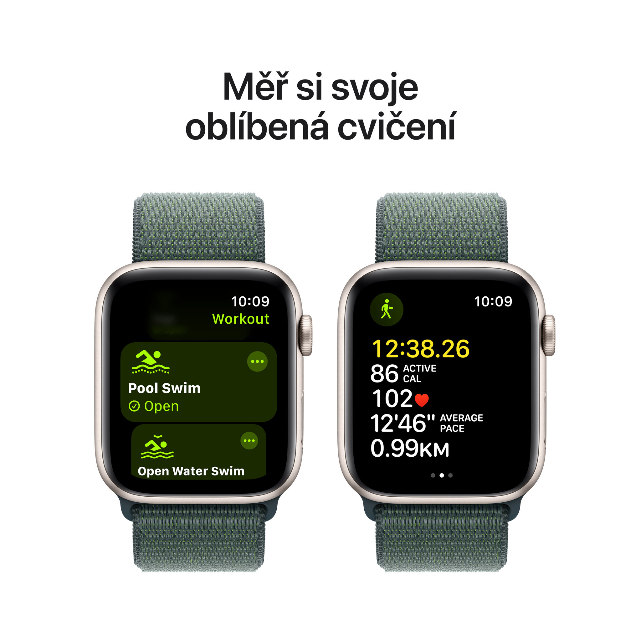 Obrázek Apple Watch SE GPS 44mm Hvězdně bílý hliník s jezerně zeleným provlékacím sportovním řemínkem