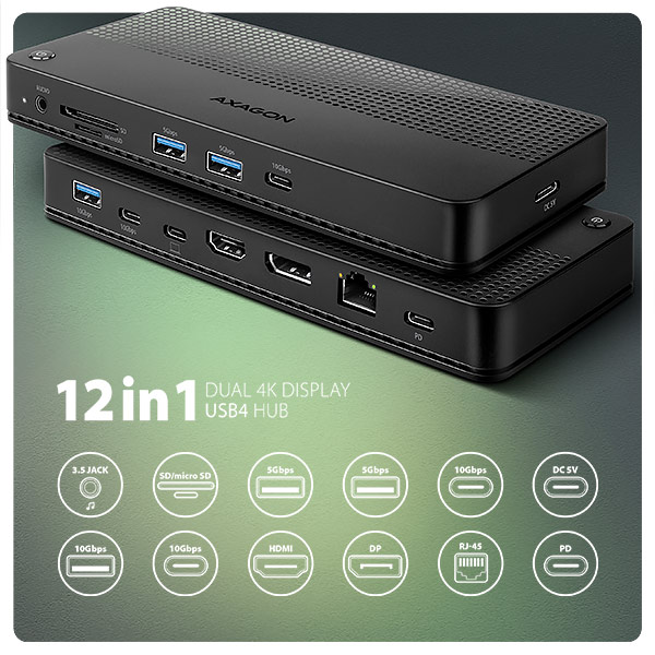 Obrázek AXAGON HMC-U4, USB4 40Gbps dock, 3x USB-A, 2x USB-C, HDMI & DP 8K/30Hz, RJ-45, SD/mSD, audio, PD100W