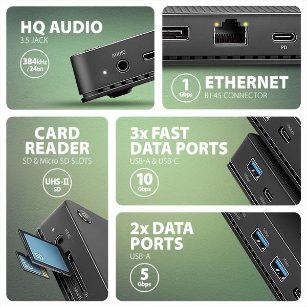 Obrázek AXAGON HMC-U4, USB4 40Gbps dock, 3x USB-A, 2x USB-C, HDMI & DP 8K/30Hz, RJ-45, SD/mSD, audio, PD100W