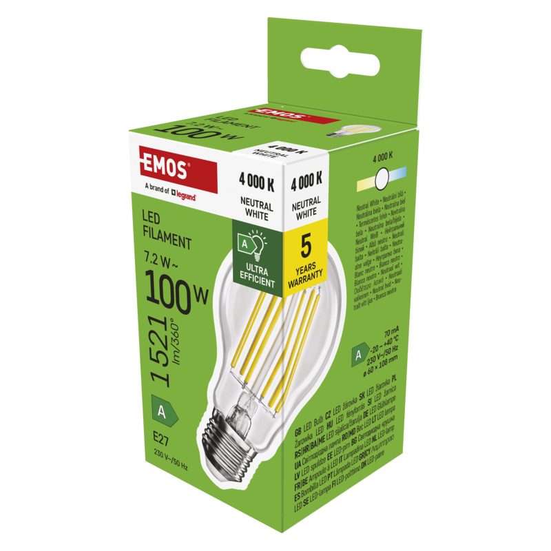 Obrázek EMOS LED FLM A60 7,2W(100W) 1521lm E27 NW A CLASS