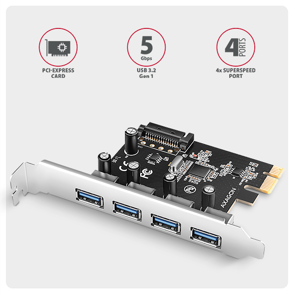 Obrázek AXAGON PCEU-430RS, PCIe řadič, 4x USB 5Gbps port, SATA napájení, Renesas PD720201, SP