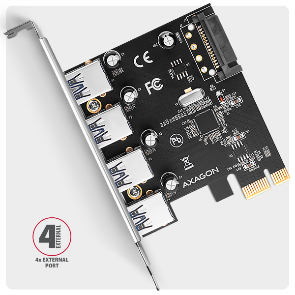 Obrázek AXAGON PCEU-430RS, PCIe řadič, 4x USB 5Gbps port, SATA napájení, Renesas PD720201, SP