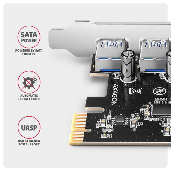 Obrázek AXAGON PCEU-430RS, PCIe řadič, 4x USB 5Gbps port, SATA napájení, Renesas PD720201, SP