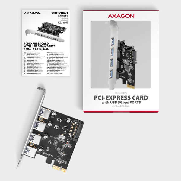 Obrázek AXAGON PCEU-430RS, PCIe řadič, 4x USB 5Gbps port, SATA napájení, Renesas PD720201, SP