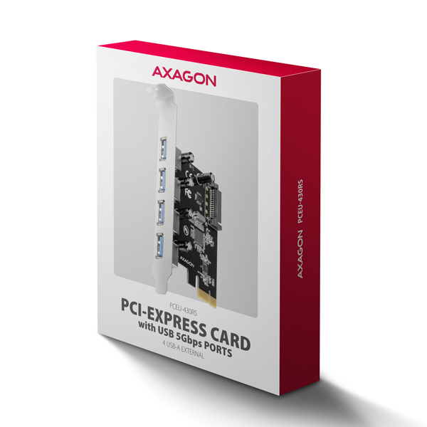 Obrázek AXAGON PCEU-430RS, PCIe řadič, 4x USB 5Gbps port, SATA napájení, Renesas PD720201, SP