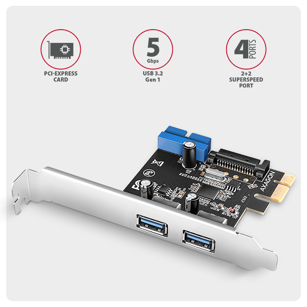 Obrázek AXAGON PCEU-232RS, PCIe řadič, 2+2x USB 5Gbps port, SATA napájení, Renesas PD720201, SP & LP