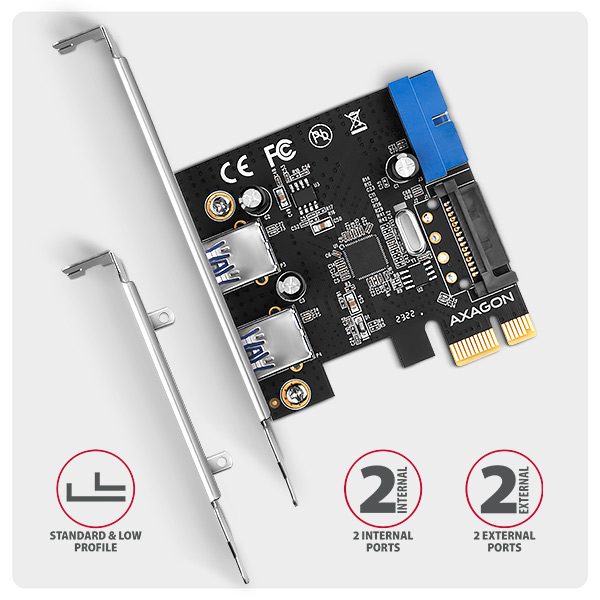 Obrázek AXAGON PCEU-232RS, PCIe řadič, 2+2x USB 5Gbps port, SATA napájení, Renesas PD720201, SP & LP