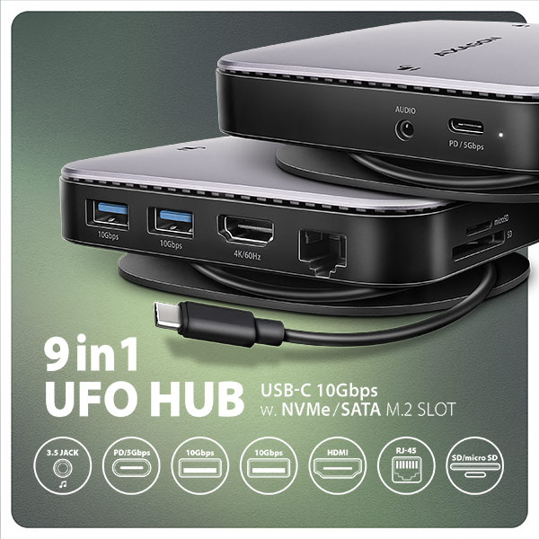 Obrázek AXAGON HMC-UFO, USB 10Gbps hub, 2x USB-A, USB-C, HDMI 4k/60, RJ-45, M.2 slot, SD/mSD, audio, PD