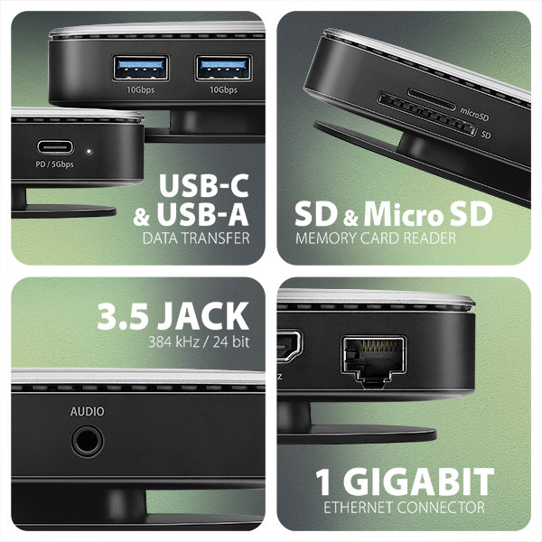 Obrázek AXAGON HMC-UFO, USB 10Gbps hub, 2x USB-A, USB-C, HDMI 4k/60, RJ-45, M.2 slot, SD/mSD, audio, PD