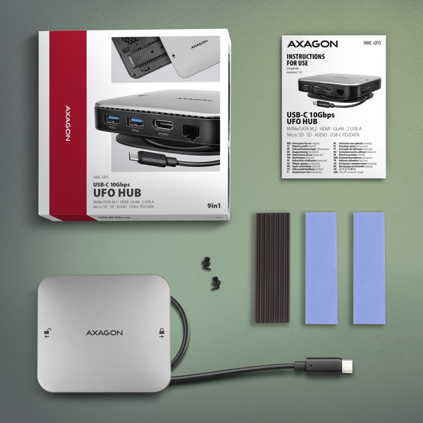 Obrázek AXAGON HMC-UFO, USB 10Gbps hub, 2x USB-A, USB-C, HDMI 4k/60, RJ-45, M.2 slot, SD/mSD, audio, PD