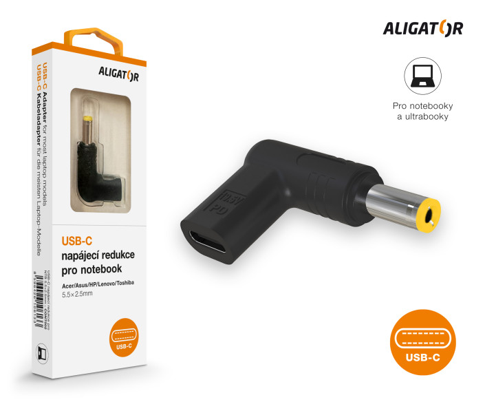 Aligator USB-C napájecí redukce 5,5x2,5 mm pro notebooky Acer/Asus/HP/Lenovo/Toshiba