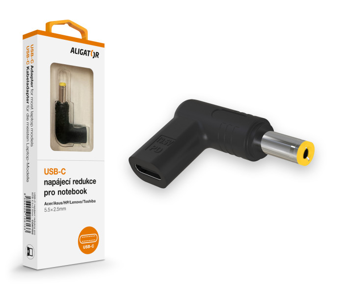 Obrázek Aligator USB-C napájecí redukce 5,5x2,5 mm pro notebooky Acer/Asus/HP/Lenovo/Toshiba