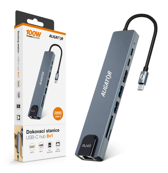 Obrázek Aligator Dokovací stanice USB-C / Hub 8v1 (USB-C / 2xUSB / SD / MicroSD/ HDTV / RJ45)