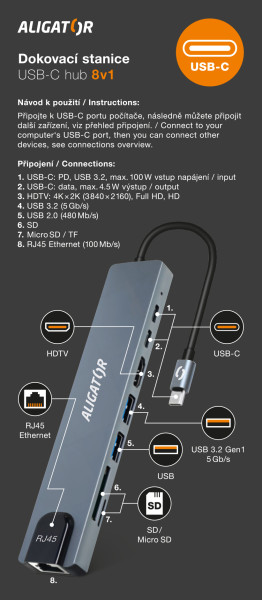 Obrázek Aligator Dokovací stanice USB-C / Hub 8v1 (USB-C / 2xUSB / SD / MicroSD/ HDTV / RJ45)