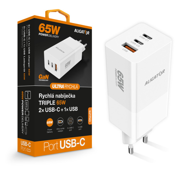 Aligator nabíječka PD65W, 2USB-C, 1xUSB-A, bílá