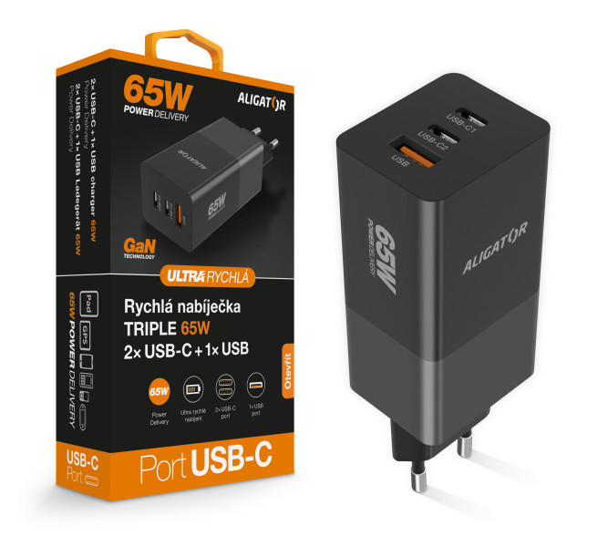 Aligator nabíječka PD65W, 2USB-C, 1xUSB-A, černá