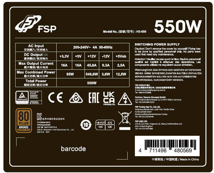 Obrázek FSP HYPER 80+ PRO/550W/ATX 3.0/80PLUS Bronze 230V/Bulk