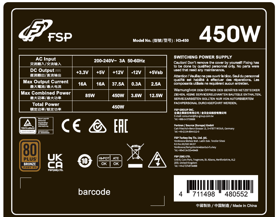 Obrázek FSP HYPER 80+ PRO/450W/ATX 3.0/80PLUS Bronze 230V/Bulk