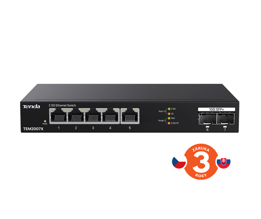 Obrázek Tenda TEM2007X - Multi-gigabit switch, 5x 2.5G RJ45 + 2x 10G SFP+ port, MAC 16K, ochrana 6kV